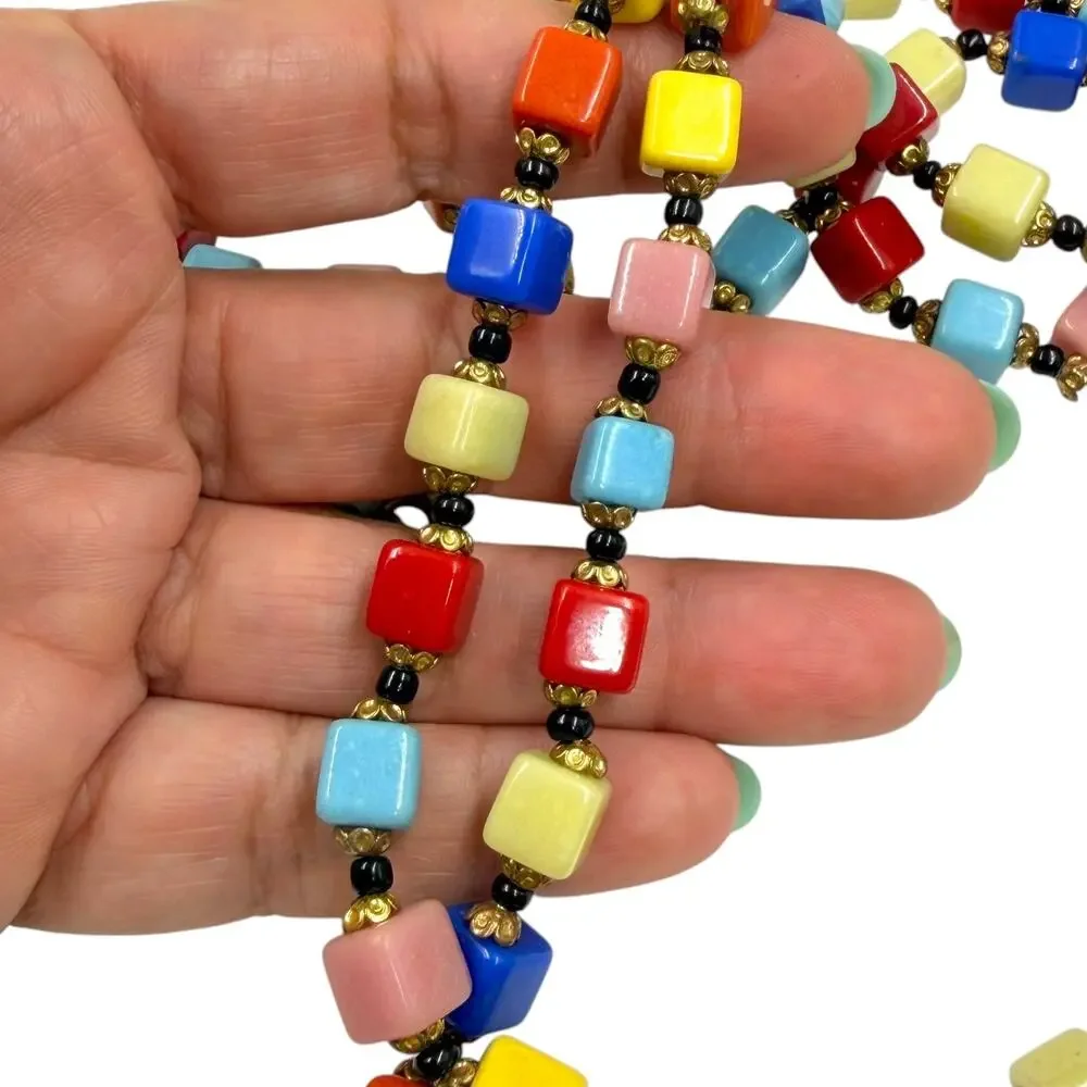Vintage Czech Glass Cube Bead Harlequin Long Strand Art Deco Rainbow Necklace